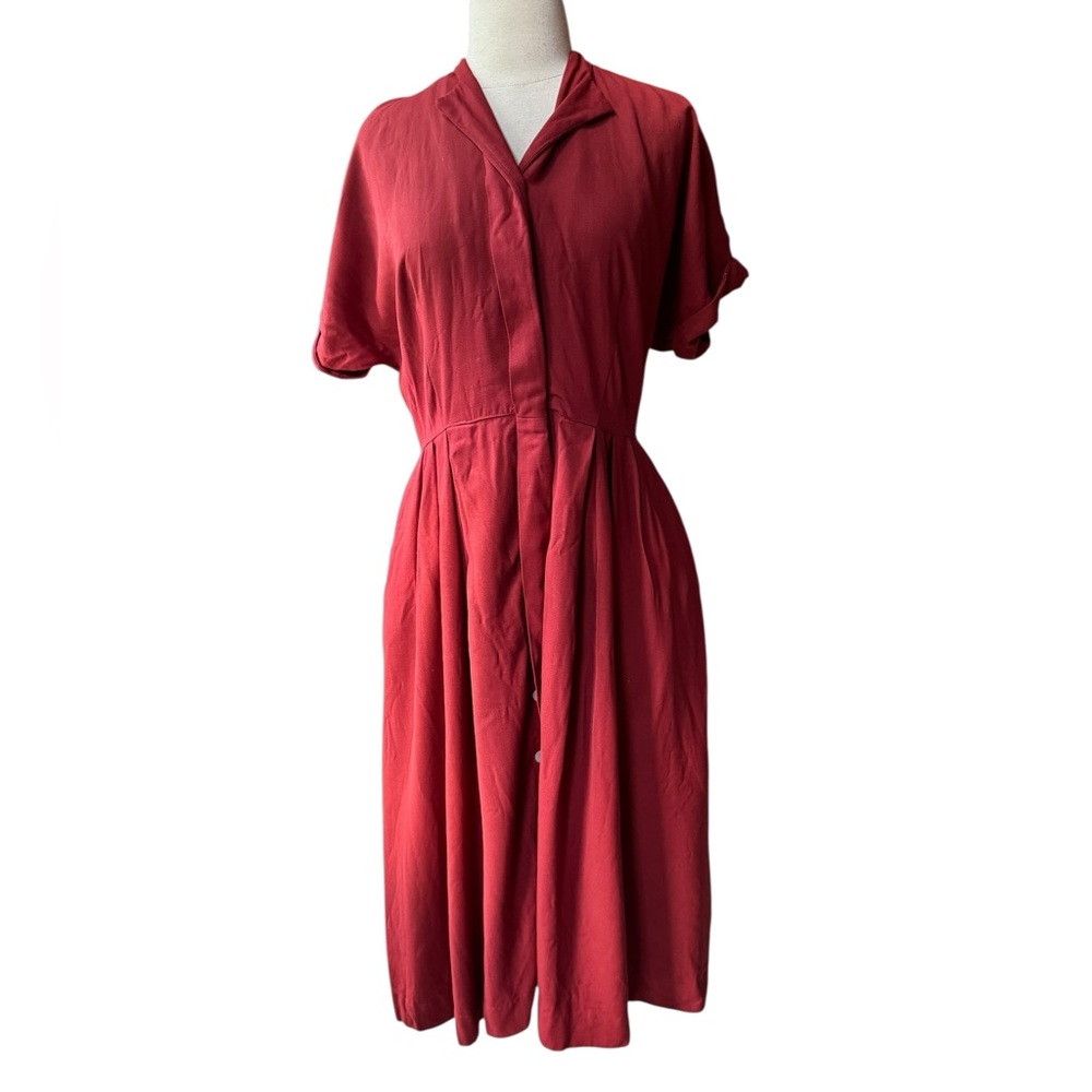 1940s Harford Frock Deep‎ Red Rayon Georgette Button Down Closure Shirtwaist Dr
